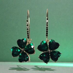 Betsey Johnson Shamrock Four Leaf Clover Green Crystal Earrings 2" New In Box